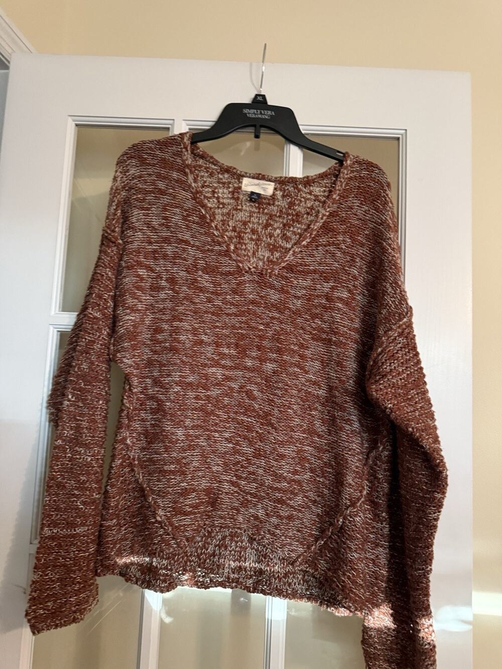 Universal Thread Brown Chunky Knit V Neck Sweater Medium Seam Side Cottagecore